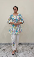 White Floral Printed Cotton Tunic & Embroidered Pant Set
