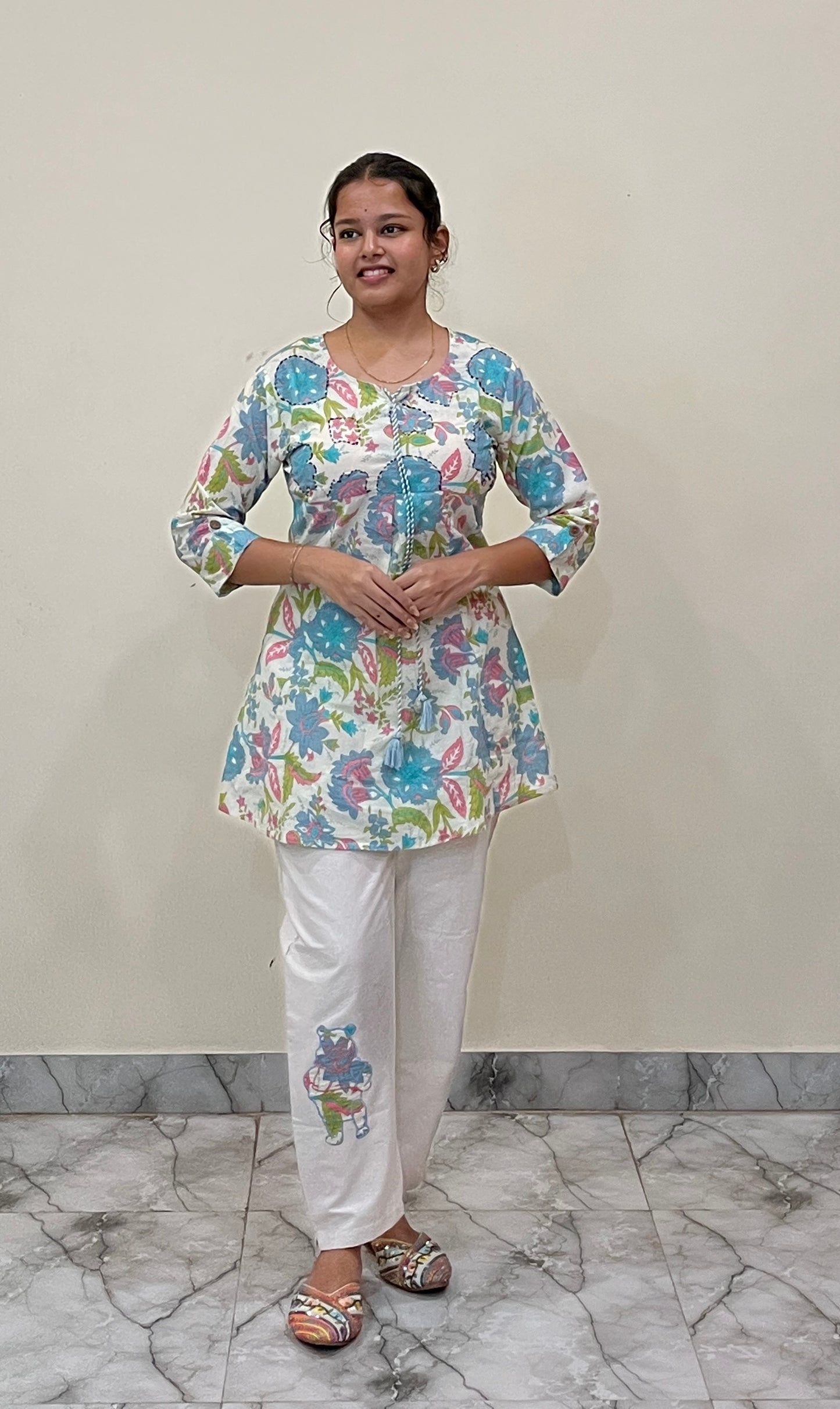 White Floral Printed Cotton Tunic & Embroidered Pant Set