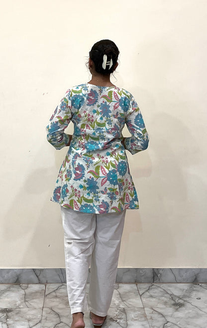 White Floral Printed Cotton Tunic & Embroidered Pant Set