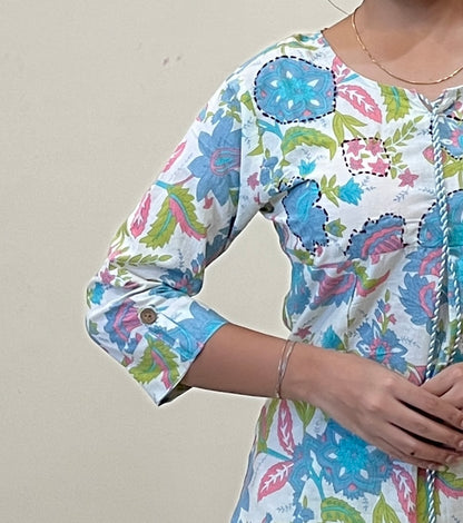 White Floral Printed Cotton Tunic & Embroidered Pant Set
