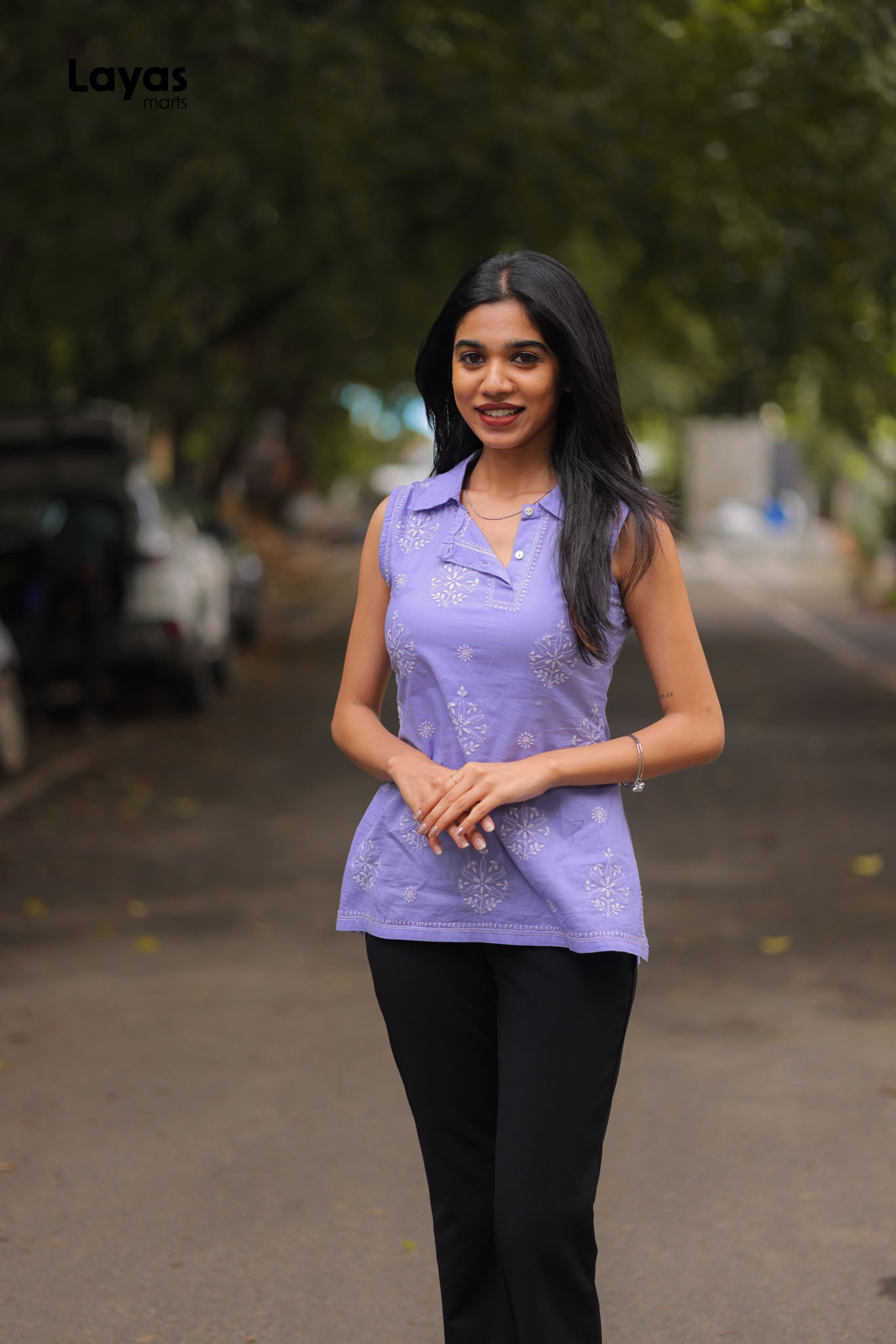 Lavender cotton sleeveless Chikankari short kurta for women by Layas Marts