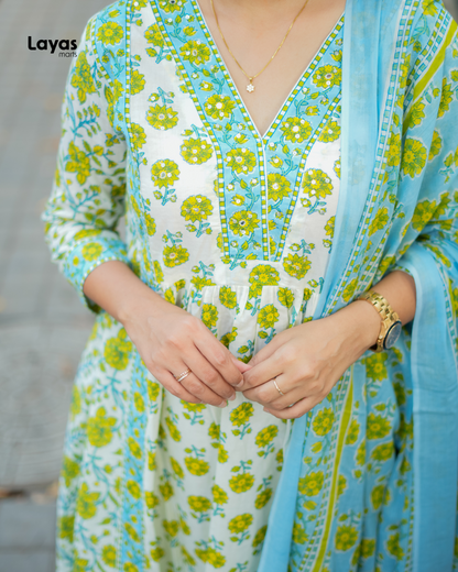 Ziya Lime Bloom Anarkali Cotton Set – by Layas Marts