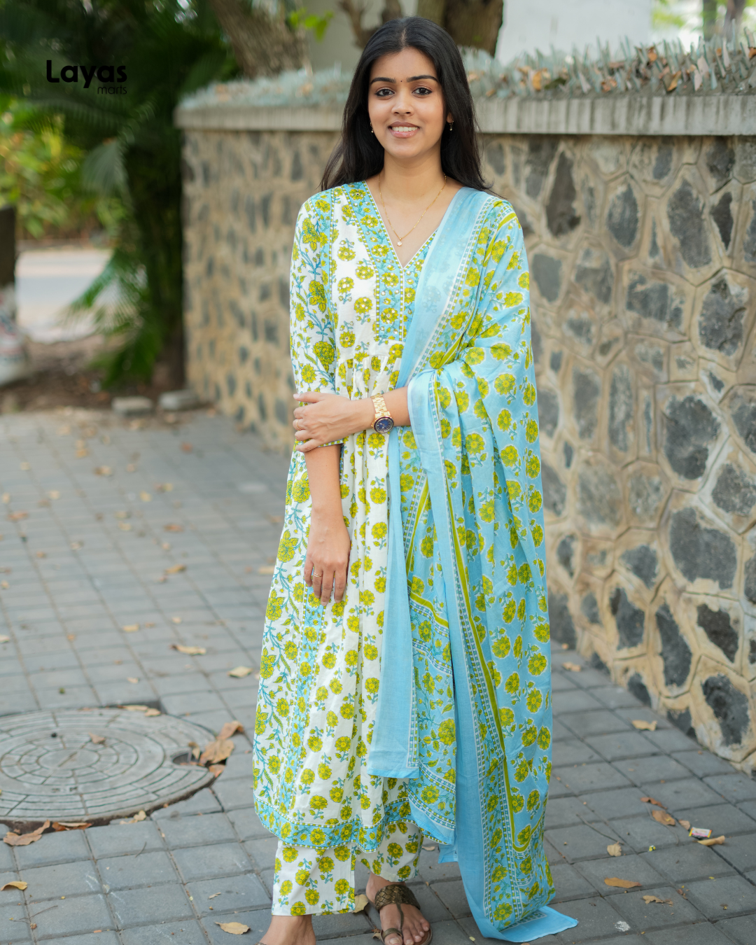 Ziya Lime Bloom Anarkali Cotton Set – by Layas Marts