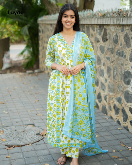 Ziya Lime Bloom Anarkali Cotton Set – by Layas Marts
