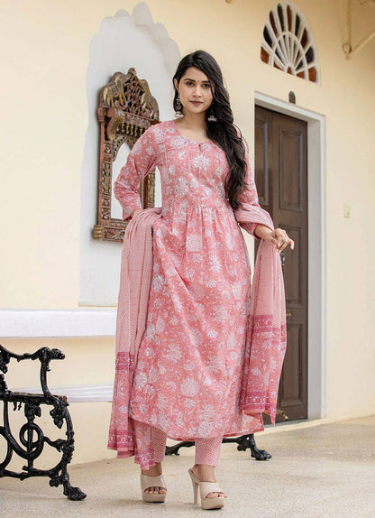 Pink Zari Embroidery Cotton Suit Set  Layas Marts