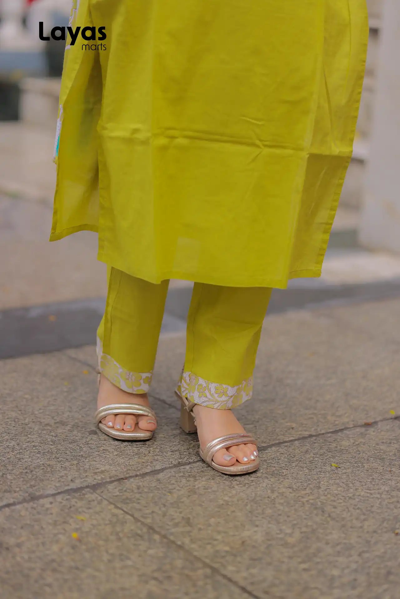 Matching cotton pants with embroidered hem in olive yellow kurta set-layas marts
