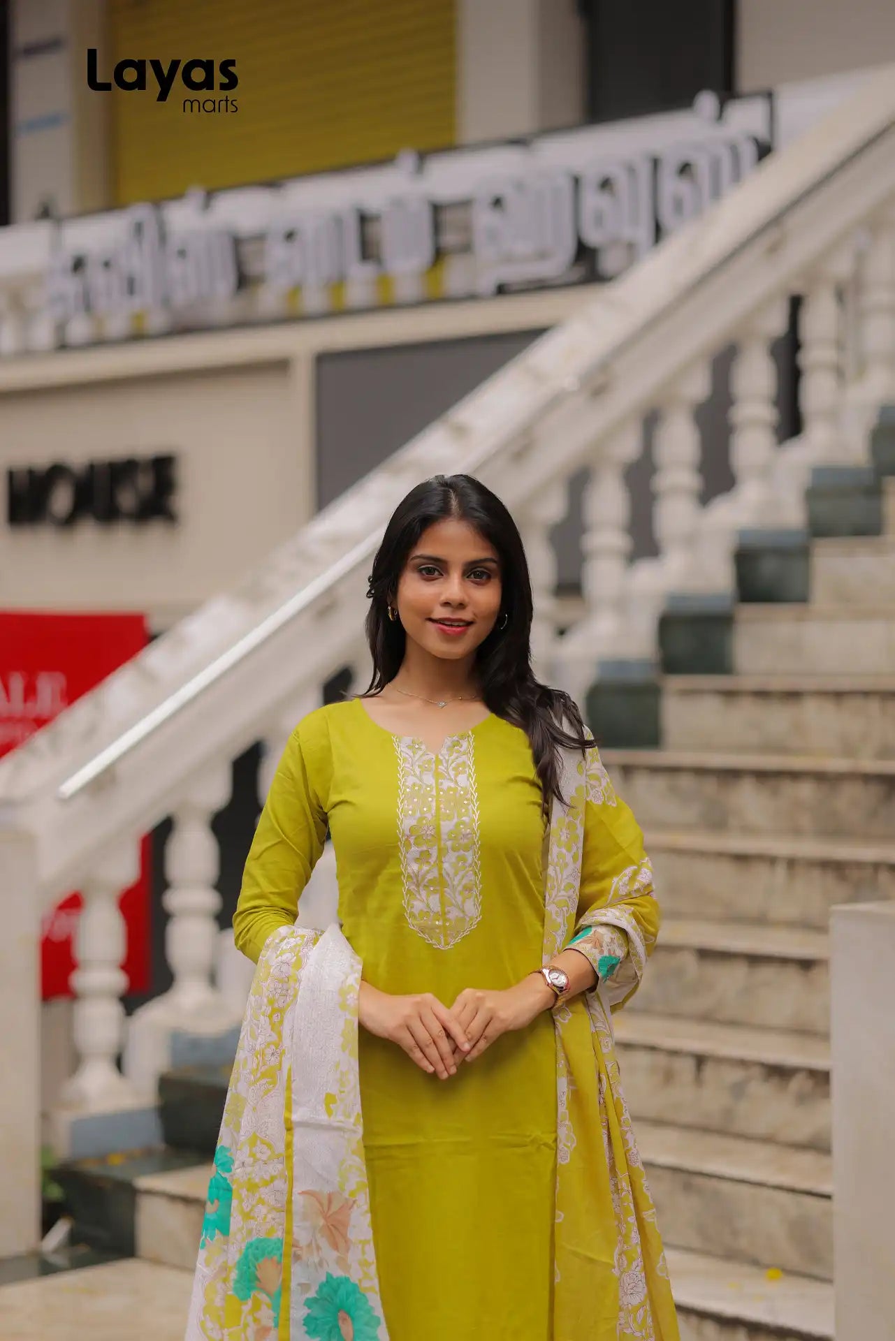 Front view of olive yellow cotton kurta set with printed mulmul dupatta – Layas Marts