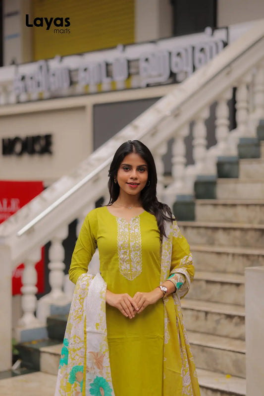 Front view of olive yellow cotton kurta set with printed mulmul dupatta – Layas Marts
