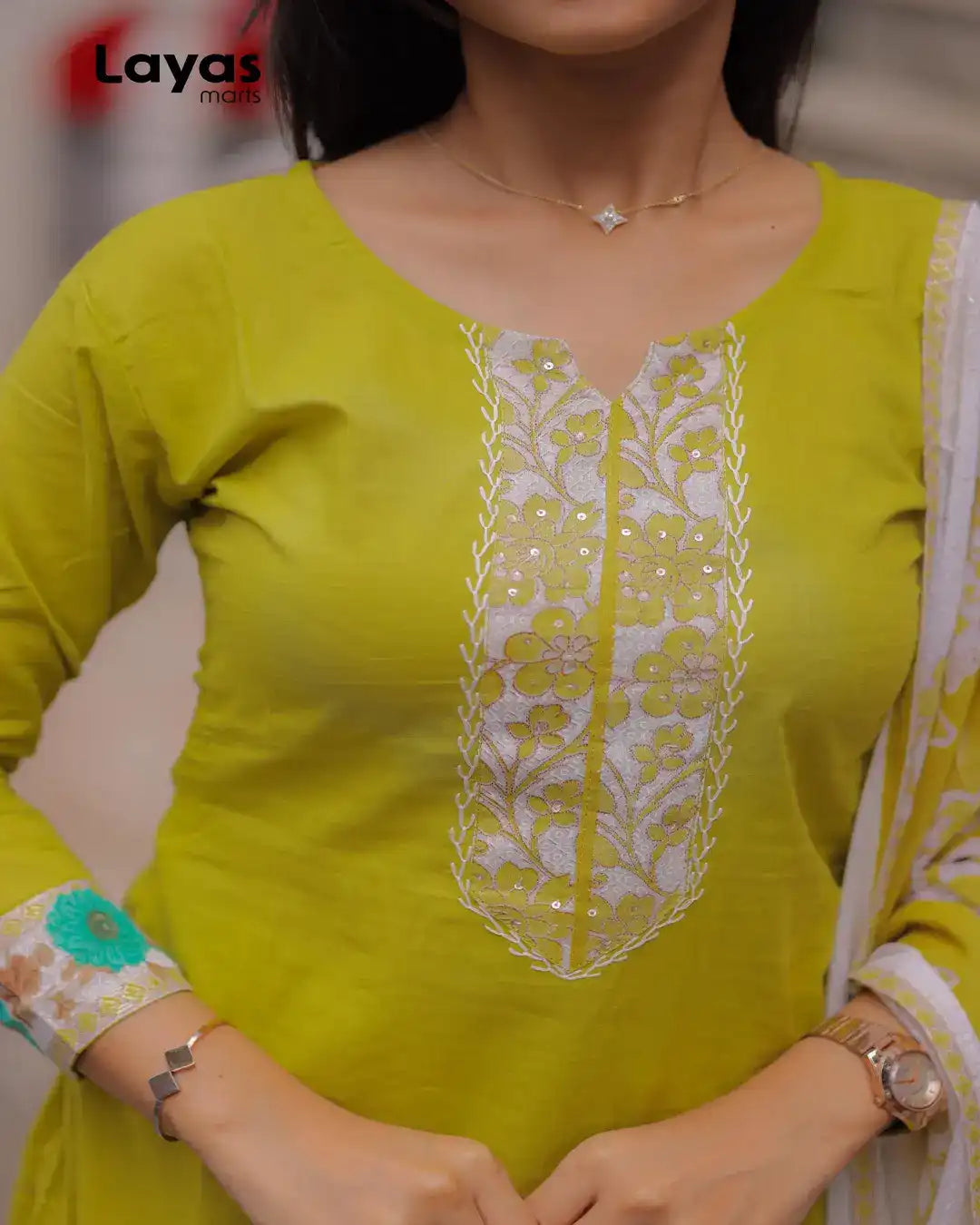 Embroidery detail on yoke of olive yellow cotton kurta -Layas Marts