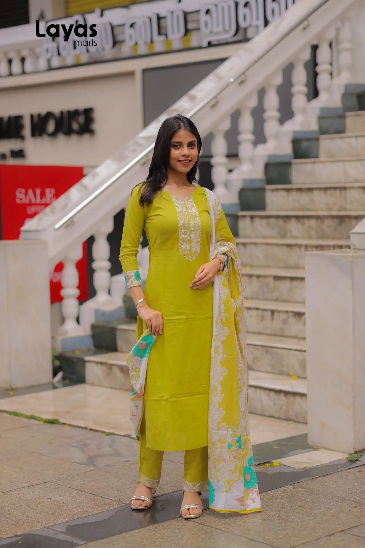 Close-up of handworked embroidery on yoke of Olive yellow cotton kurta -Layas Marts