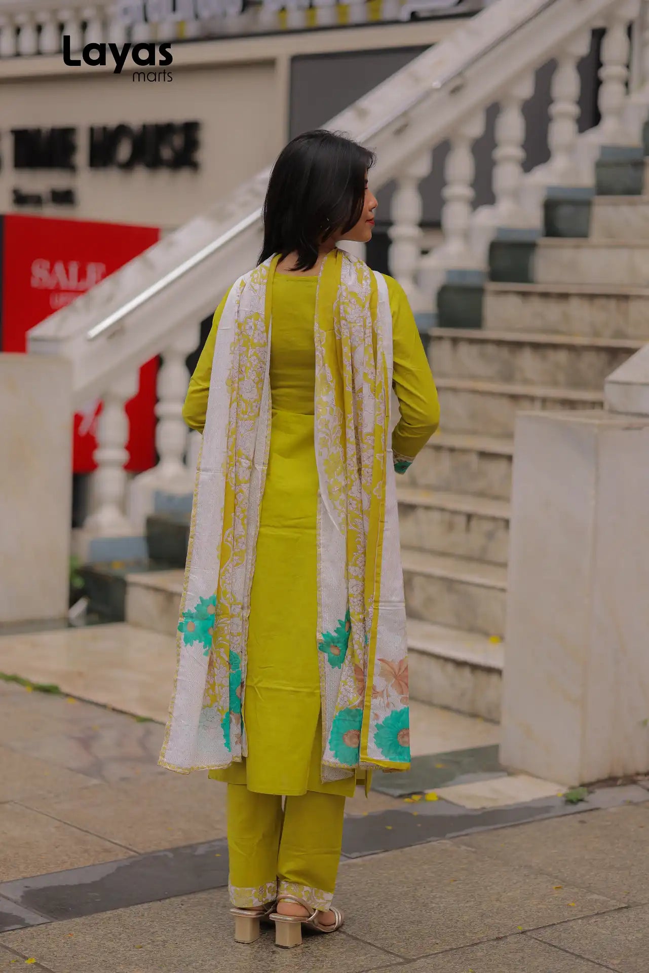 Back view of olive yellow cotton kurta set with dupatta - Layas Marts