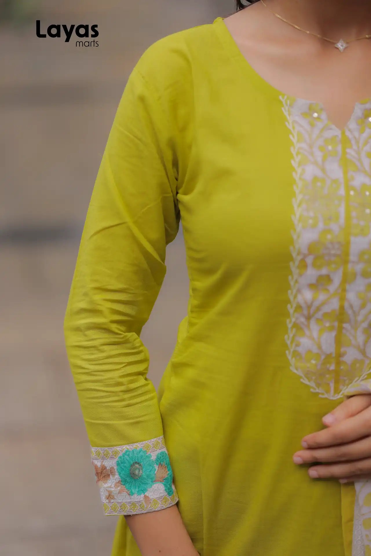 Sleeve embroidery detail of olive yellow cotton kurta-layas marts