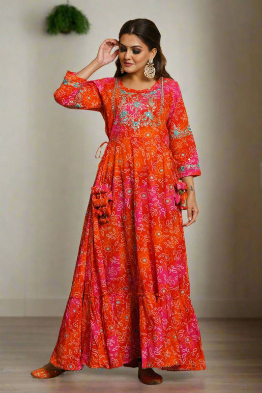 Orange Bandhani Print Ethnic Gown (pack of 1) - Kaajh - #tag4#