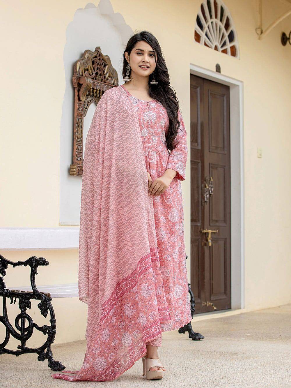Pink Zari Embroidery Cotton Suit Set _Layas Marts