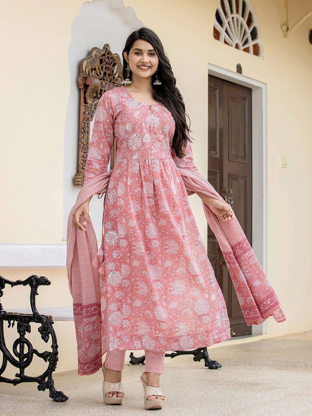 Pink Zari Embroidery Cotton Suit Set  Layas Marts
