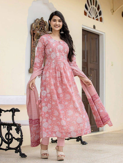 Pink Zari Embroidery Cotton Suit Set  Layas Marts