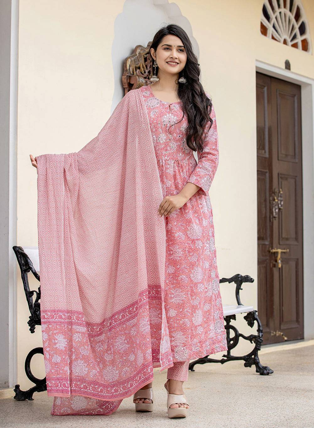 Pink Zari Embroidery Cotton Suit Set  (pack of 3) - Kaajh - #tag4#