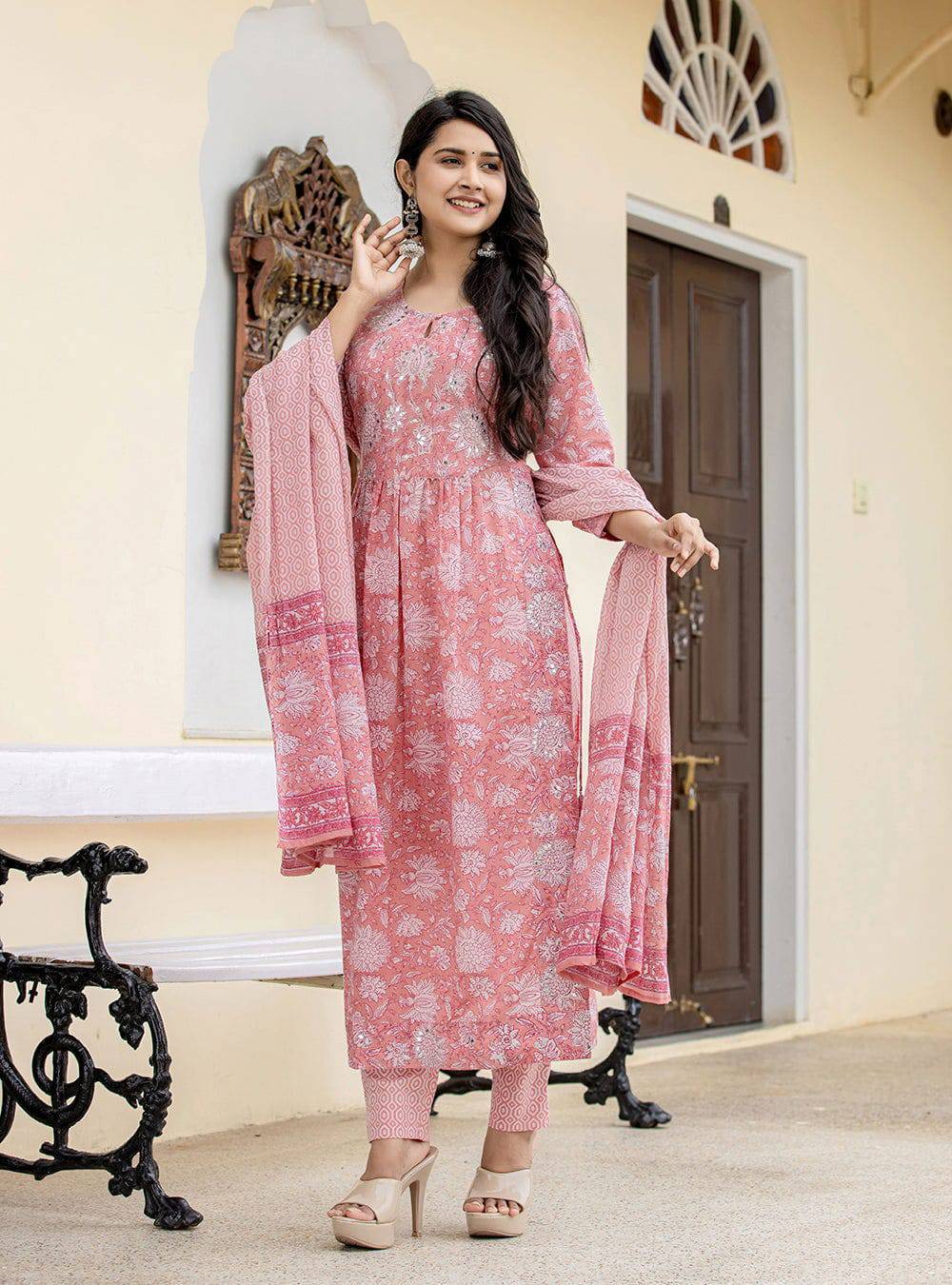 Pink Zari Embroidery Cotton Suit Set  _Layas Marts