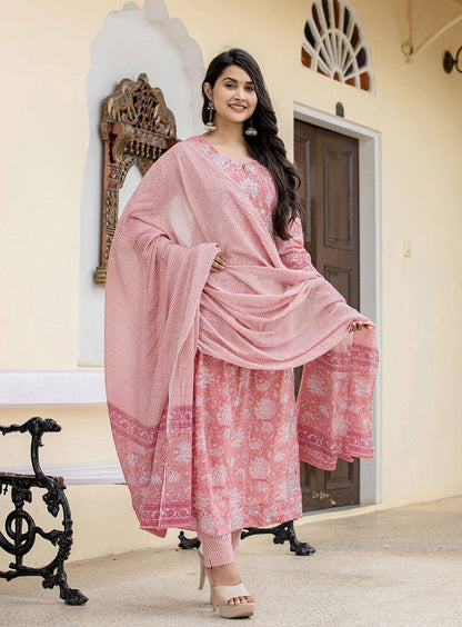 Pink Zari Embroidery Cotton Suit Set  (pack of 3) -Layas Marts
