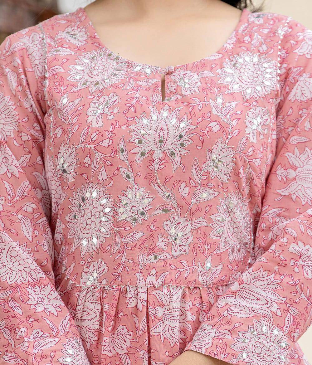 Pink Zari Embroidery Cotton Suit Set  