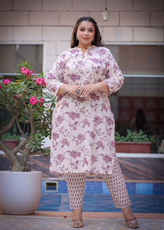 Purple Floral Print Cotton Kurta Set (Plus Size Kurta Set) (pack of 1) - Kaajh - #tag4#