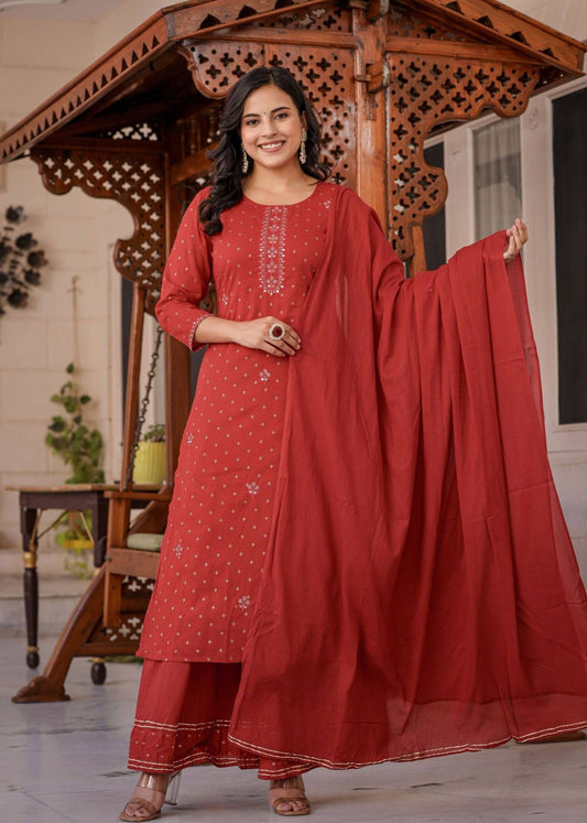 Red Gold Printed Cotton Kurta Sharara Set (pack of 3) - Kaajh - #tag4#