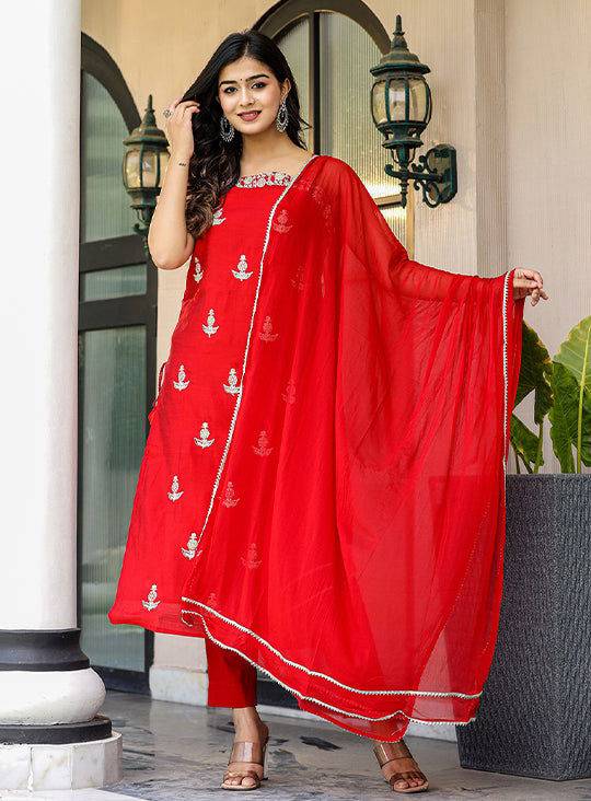 Red Sleeveless Silk Kurta Pant With Dupatta Set (pack of 3) - Kaajh - #tag4#