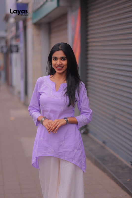 Lilac Cotton Chikankari Top with White Embroidery