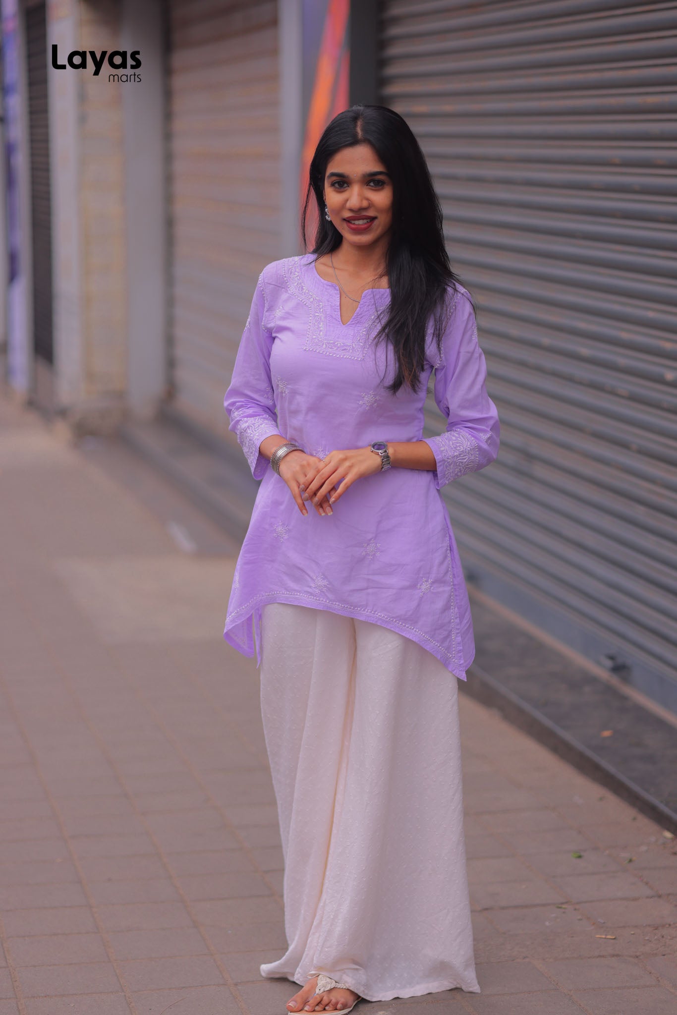Lilac Cotton Chikankari Top with White Embroidery