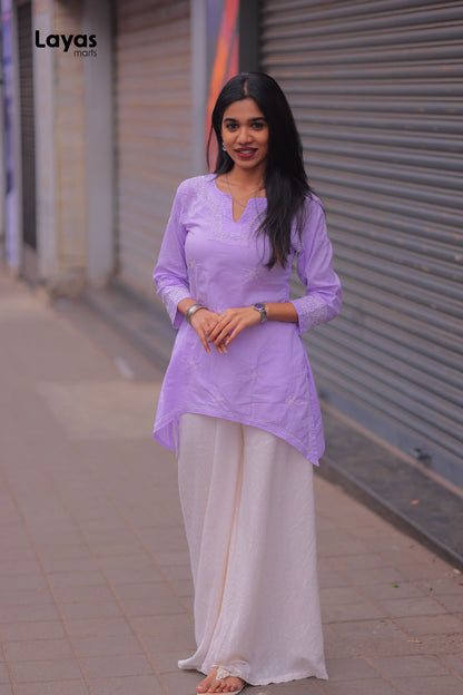 Lilac Cotton Chikankari Top with White Embroidery