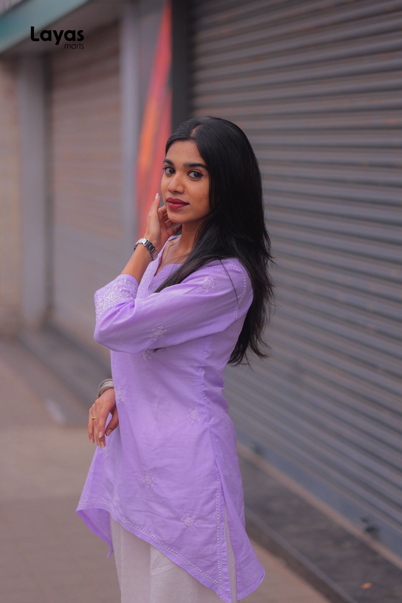 Lilac Cotton Chikankari Top with White Embroidery
