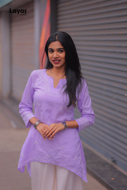 Lilac Cotton Chikankari Top with White Embroidery