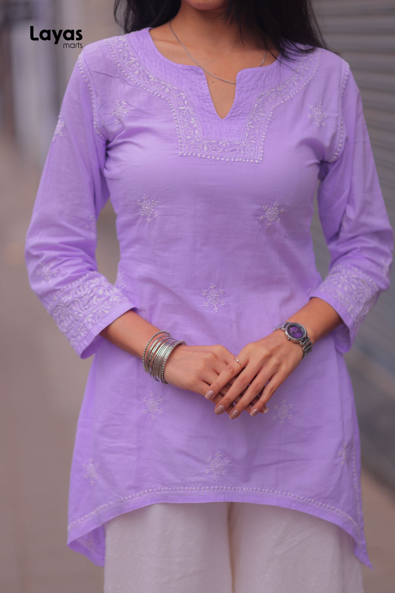 Lilac Cotton Chikankari Top with White Embroidery