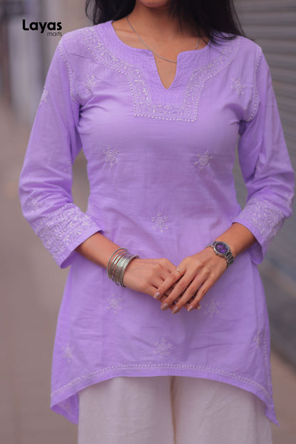Lilac Cotton Chikankari Top with White Embroidery