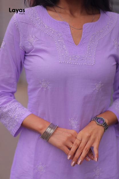 Lilac Cotton Chikankari Top with White Embroidery