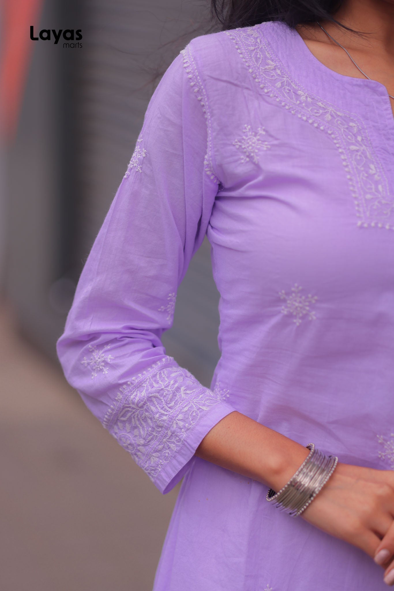 Lilac Cotton Chikankari Top with White Embroidery