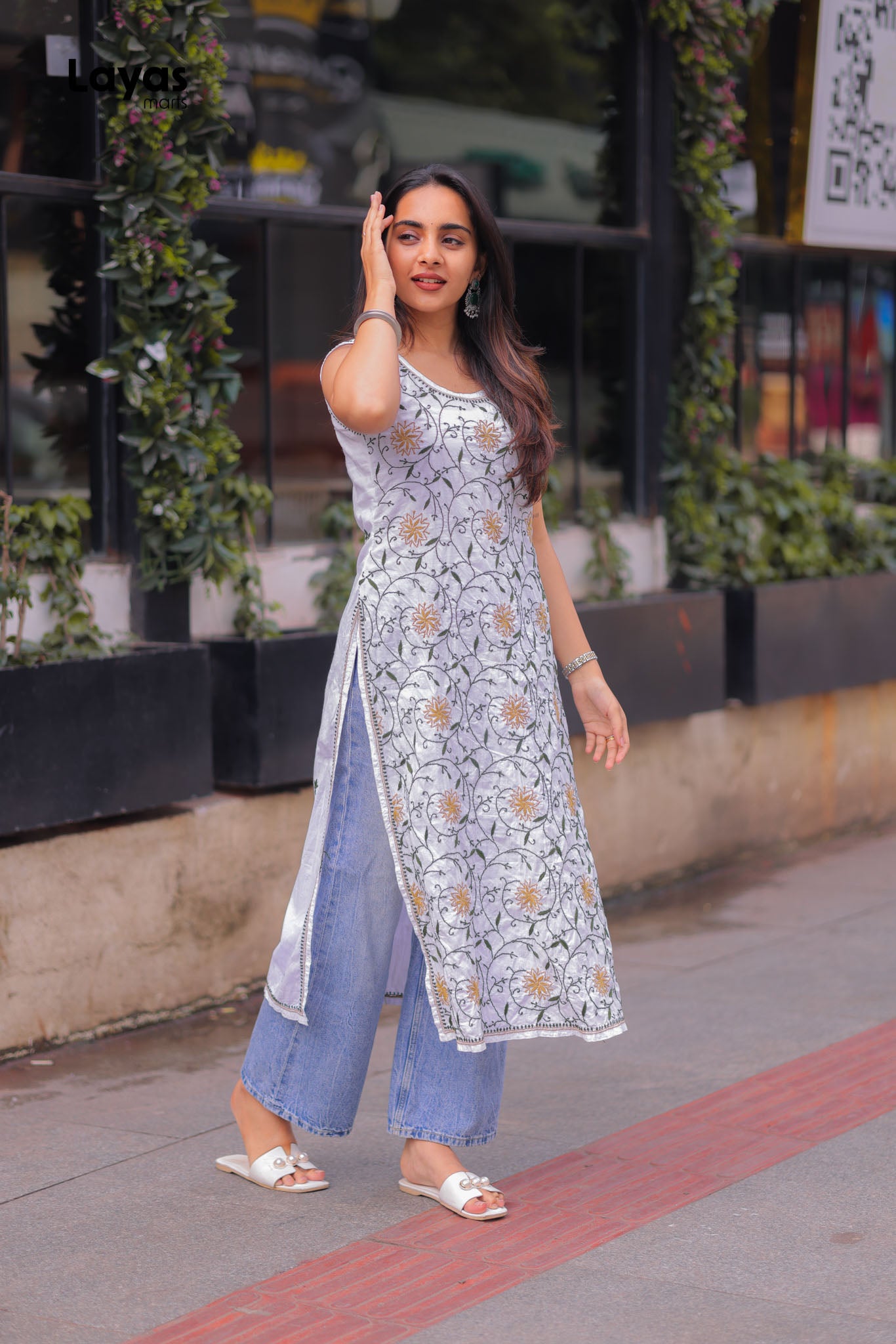 Olive Green & Mustard Sleeveless Chikankari Cotton Kurta with Pechni Hand Embroidery