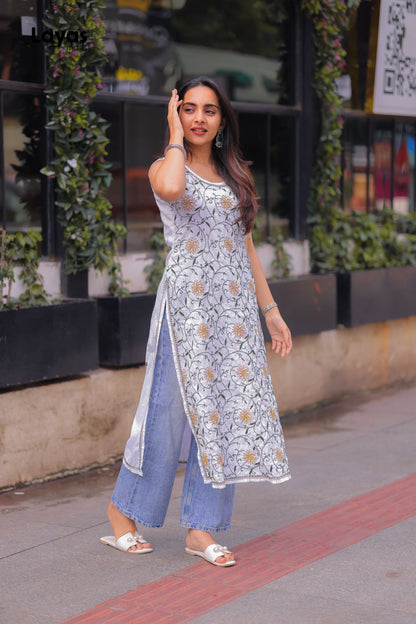 Olive Green & Mustard Sleeveless Chikankari Cotton Kurta with Pechni Hand Embroidery