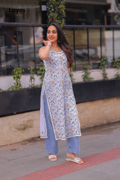 Olive Green & Mustard Sleeveless Chikankari Cotton Kurta with Pechni Hand Embroidery