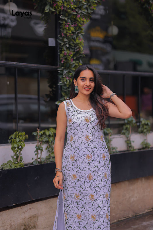 Olive Green & Mustard Sleeveless Chikankari Cotton Kurta with Pechni Hand Embroidery