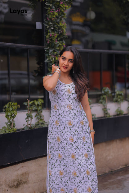 Olive Green & Mustard Sleeveless Chikankari Cotton Kurta with Pechni Hand Embroidery