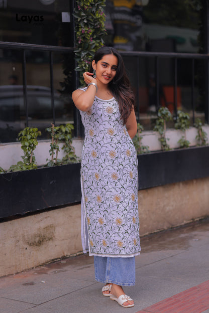 Olive Green & Mustard Sleeveless Chikankari Cotton Kurta with Pechni Hand Embroidery