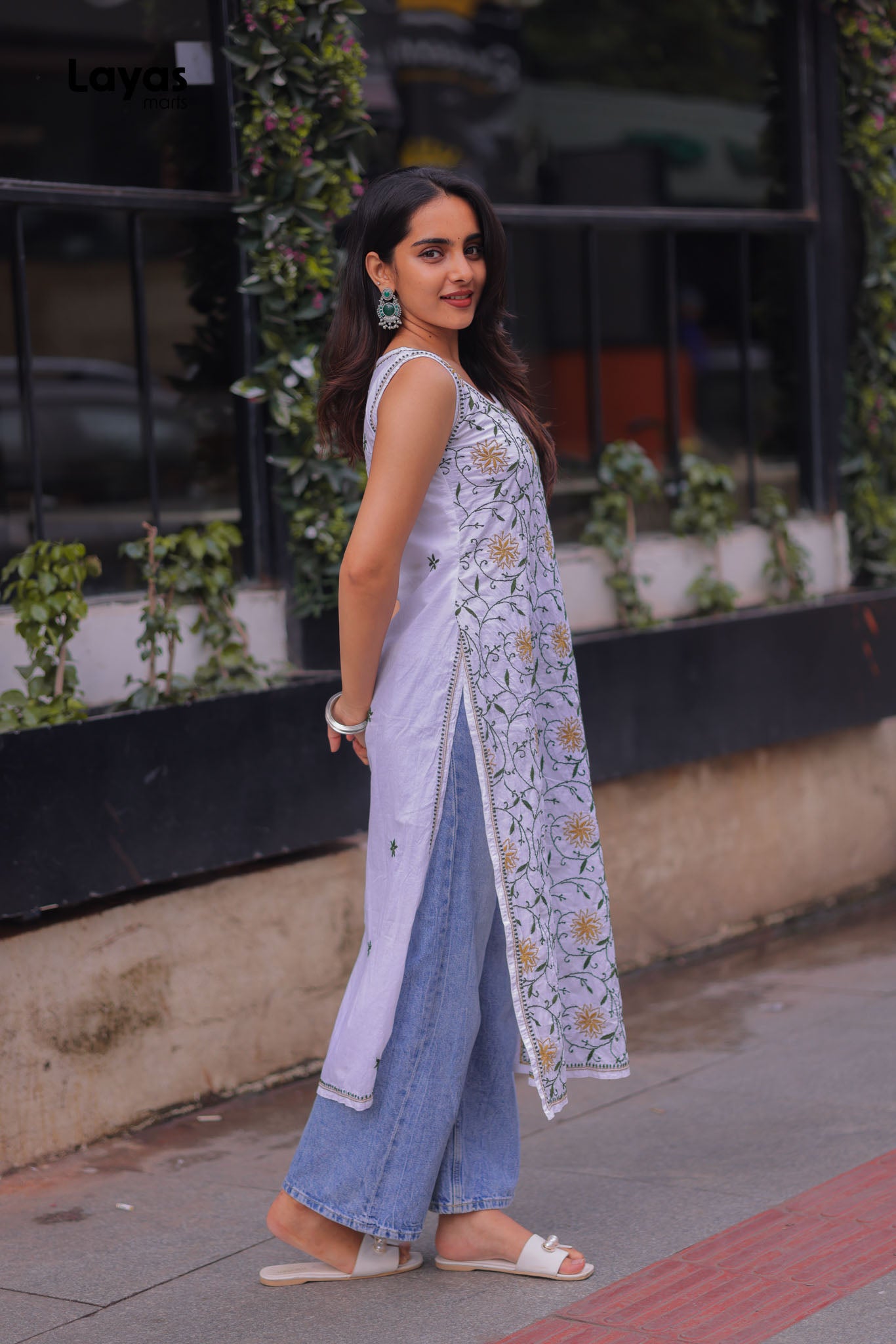 Olive Green & Mustard Sleeveless Chikankari Cotton Kurta with Pechni Hand Embroidery