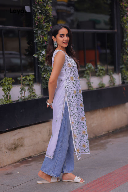 Olive Green & Mustard Sleeveless Chikankari Cotton Kurta with Pechni Hand Embroidery