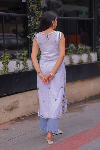 Olive Green & Mustard Sleeveless Chikankari Cotton Kurta with Pechni Hand Embroidery