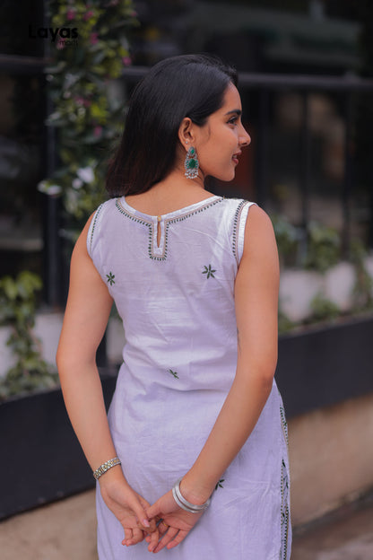 Olive Green & Mustard Sleeveless Chikankari Cotton Kurta with Pechni Hand Embroidery