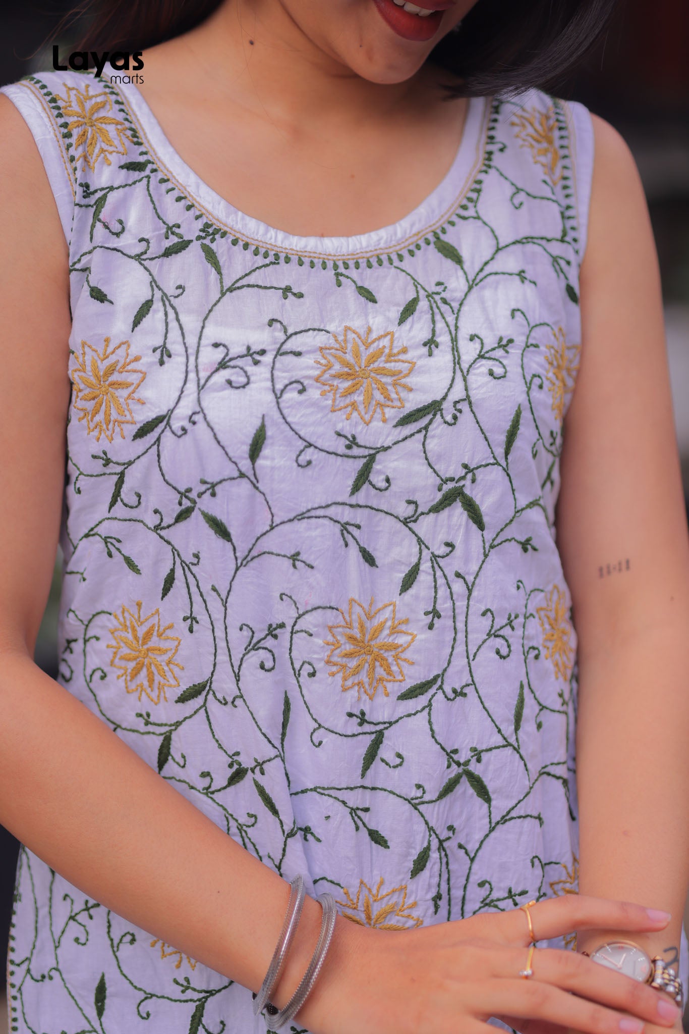 Olive Green & Mustard Sleeveless Chikankari Cotton Kurta with Pechni Hand Embroidery