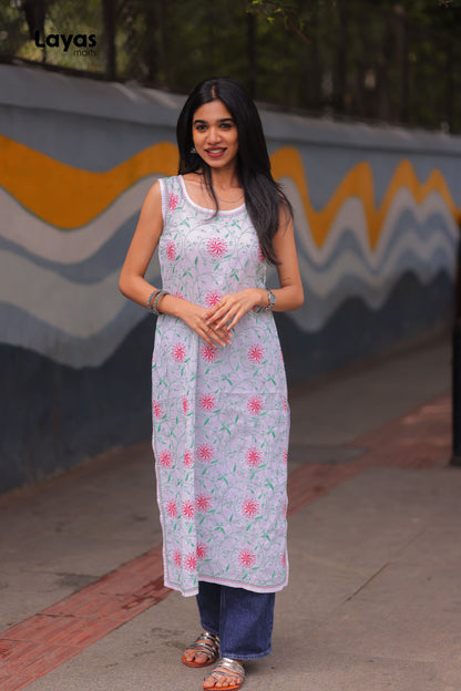 Green & Pink Sleeveless Chikankari Cotton Kurta with Pechni Hand Embroidery