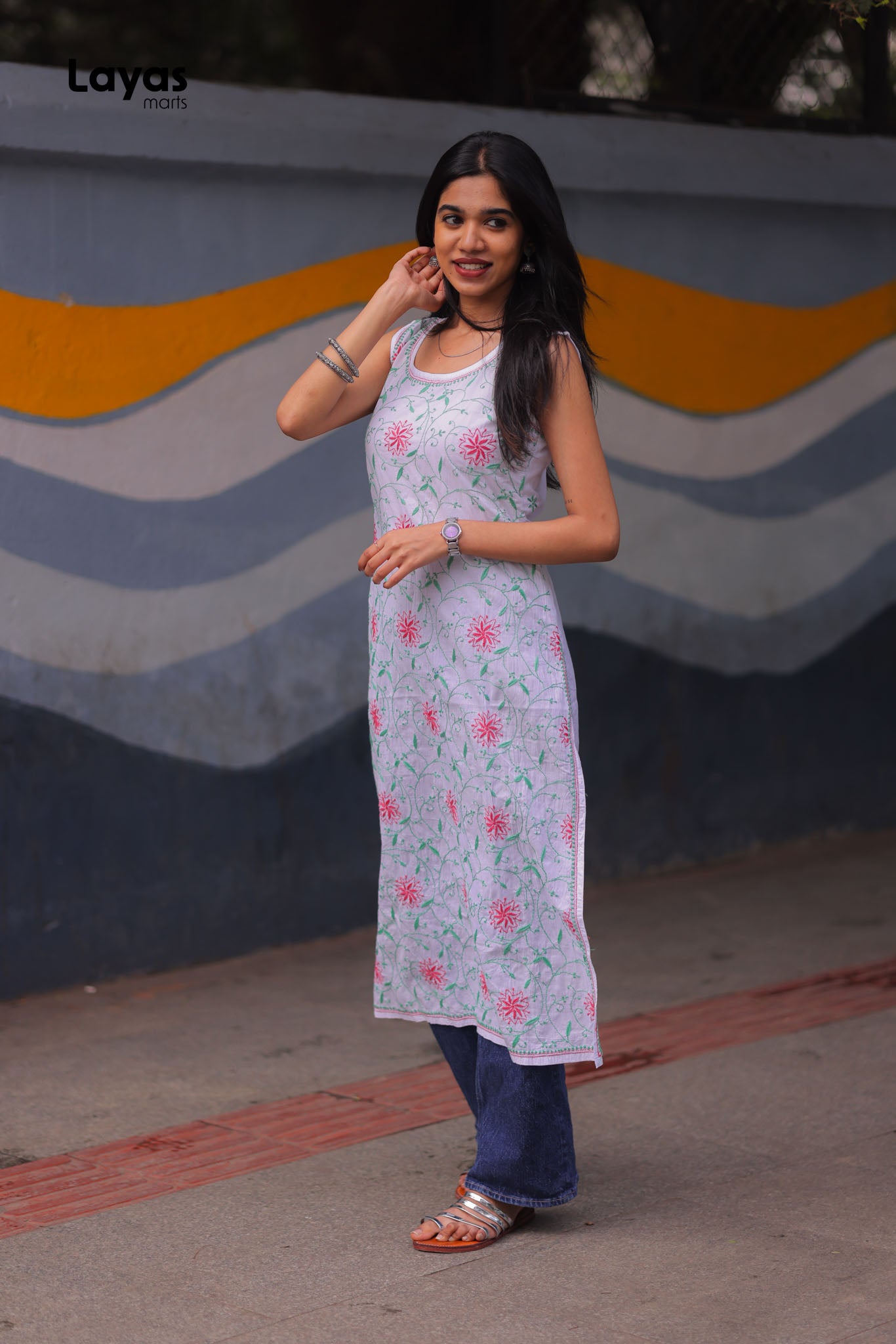 Green & Pink Sleeveless Chikankari Cotton Kurta with Pechni Hand Embroidery