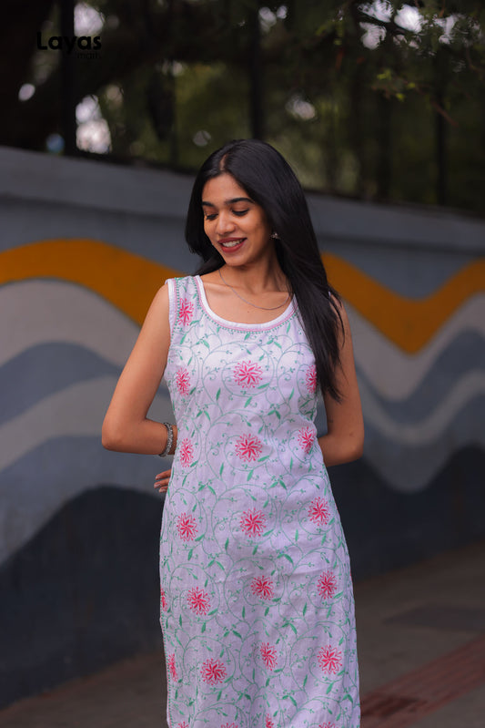 Green & Pink Sleeveless Chikankari Cotton Kurta with Pechni Hand Embroidery